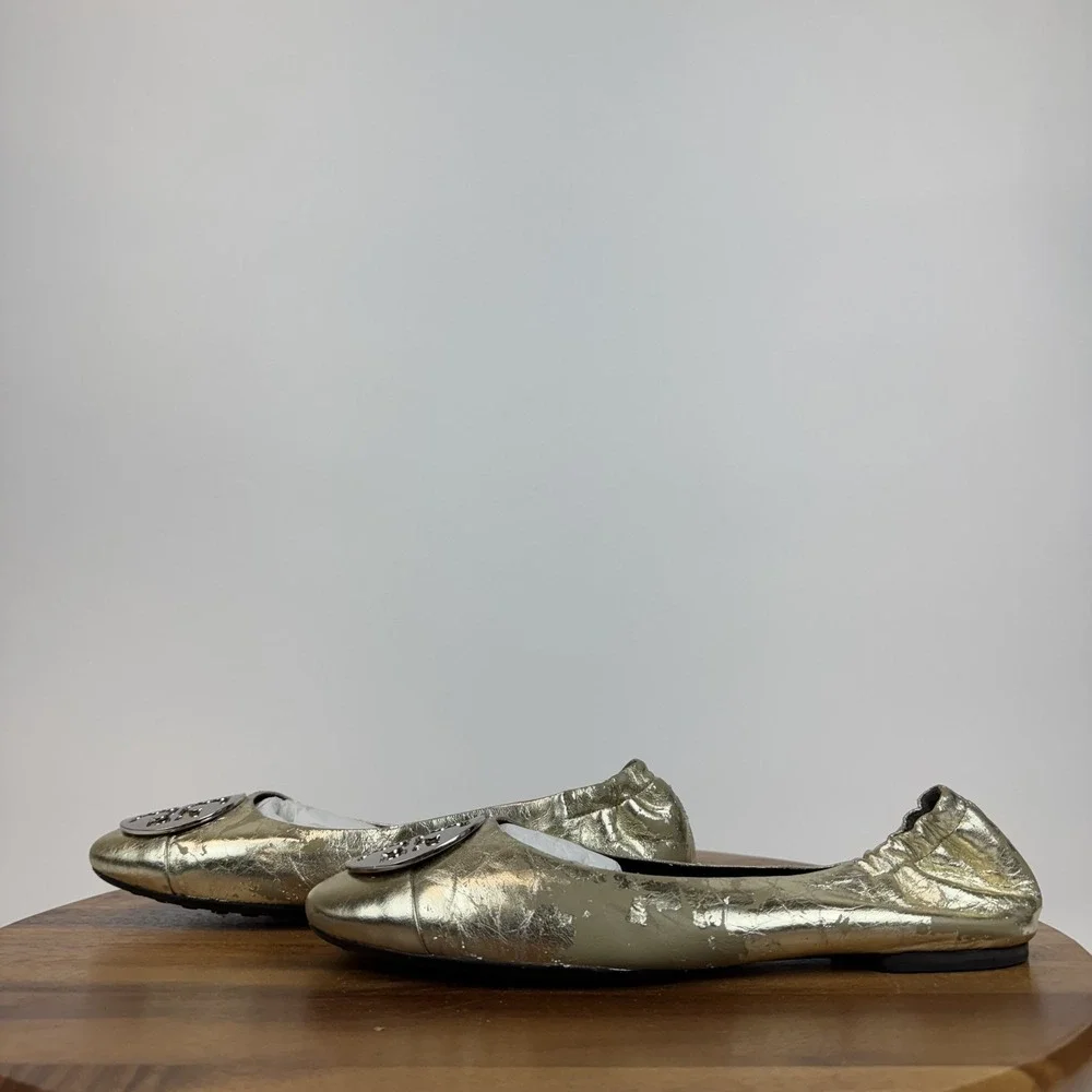 Womens Tory Burch Claire Cap Toe Metallic Gold Leather Ballet Flats‎ Size 9.5 M